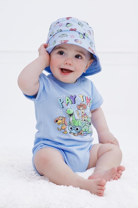 Disney Baby Romper and Reversible Bucket Sun Hat Outfit Set Newborn to Infant Sizes (Newborn - 24 Months)