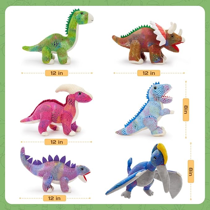 MaoGoLan 6 Pack Dinosaur Stuffed Animals Bulk Party Favors 12 Inch Dinosaur Plush Toy for Kids, Collectible Dino Squad Bundle with T-Rex Velociraptor Stegosaurus Triceratops Pterodactyl