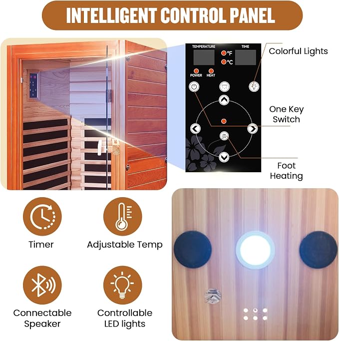 Infrared Sauna, Far Infrared Saunas for Home, Low EMF 1 Person Sauna Indoor Sauna Room Dry Sauna with Bluetooth Speakers 7 Color Light Therapy 1065W/120V Fast Heating Easy Assembly 31.5 * 31.5 * 63"