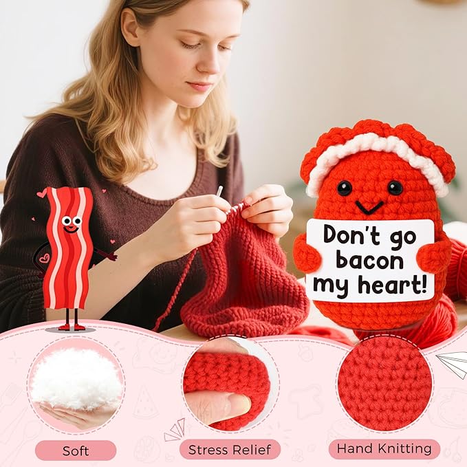 Mini Emotional Crochet Bacon Birthday Gifts Inspirational Handmade Crochet Bacon Coworkers White Elephant Retirement Motivational Thanksgiving Christmas Birthday Gifts Funny Crochet Desk Decor