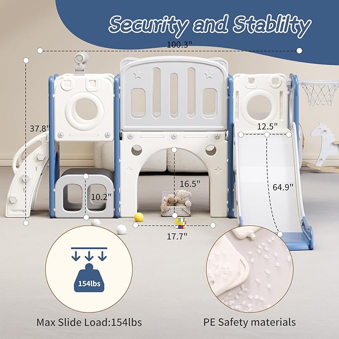 8 in 1 Toddler Slide,Kids Climber Slide with Storage Space and Non-Slip Steps,Indoor Outdoor Playset with Basketball Hoopa and Telescope,Slide for Toddlers Age 1-8 (White+Blue)