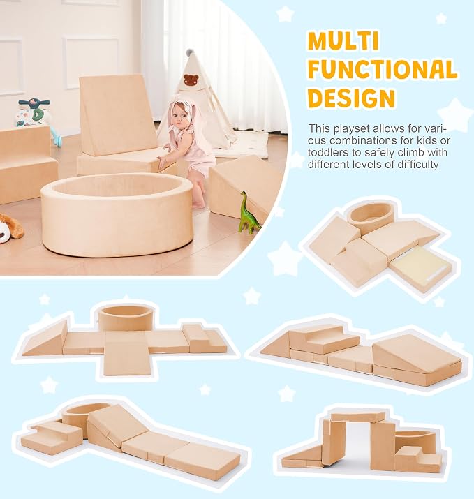 Elftopia Foam Climbing Blocks with Ball Pit & Stairs for Toddlers Aged 1-3 -Soft Playset for Indoor Crawling, Foam Playground Set for Baby to Active Playing Inside -(Balls NOT Included),Beige