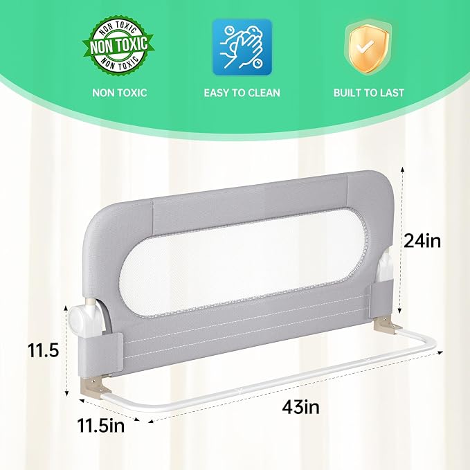 UPGOGO Folding Bed Rail for Toddlers,Baby Bed Rail Guard with Reinforced Anchor Safety System,Fit Bunk,Full Size,Queen,King,Twin(Grey,43"x23.6")
