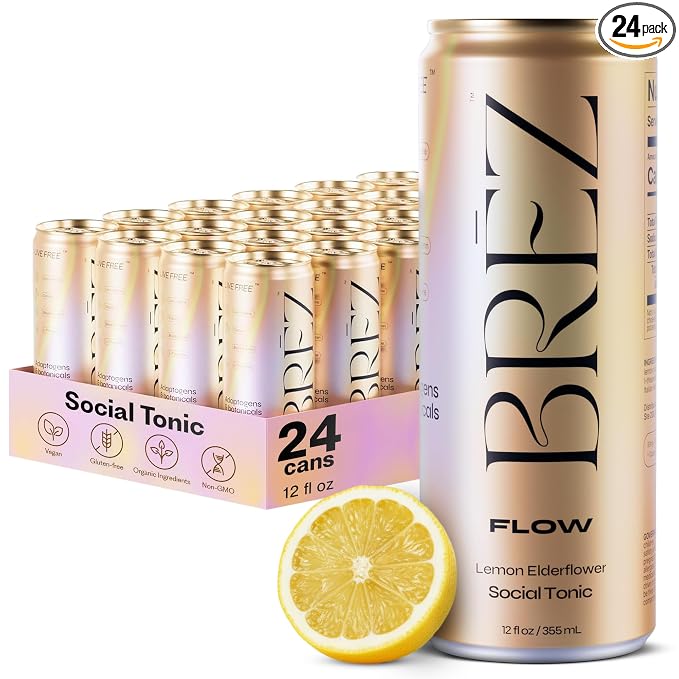 BRĒZ FLOW Alcohol Alternative Drink – Non Alcoholic Sparkling Drink with Lion’s Mane Mushroom, Lemon Elderflower, Adaptogen Beverage for Mood & Focus, Alcohol Alternatives with a Buzz, 24 Pk 12 Fl Oz