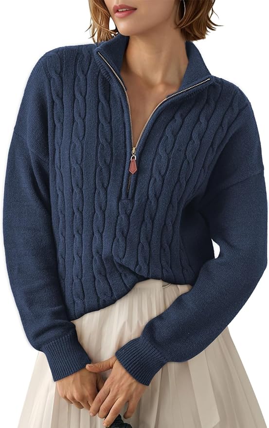 Dokotoo Women's Sweaters 2026 Fall Winter Quarter Zip Ribbed Cable Knit | Long Sleeve,Polo Neck,Lightweight Knit Pullover,Soft Comfy Tops,Casual Trendy Outfits,Fashion Clothing