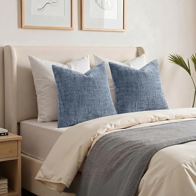 decorUhome Textured Chenille Throw Pillow Covers 20x20 Set of 2 Grey Blue | Fall Modern Farmhouse Soft Cozy Slubby Couch Pillow Cases Boho Decorative Pillow Cases for Bed Sofa Living Room Home Decor
