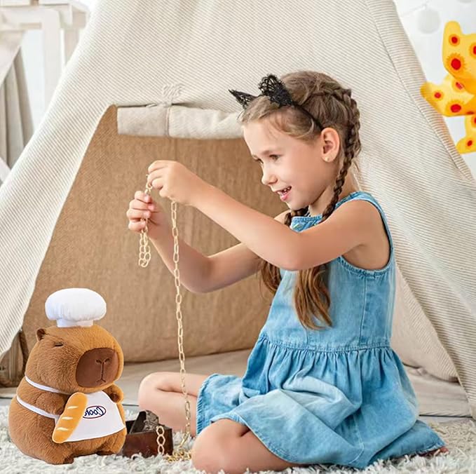 Capybara Plush with Cooking Chef Hat Bread 13.7 inch Cute Capibara Stuffed Animal Ultra Soft Plushies Toys Kawaii Gifts for Kids Brown
