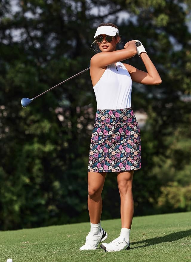PINSPARK 19" Knee Length Skorts for Woman with Pockets UPF 50+ Golf Skirts | 4 Pockets, Built-in Shorts, High Waisted & Tummy Control, Moisture-wicking for Golf Athletic Tennis Workout Casual