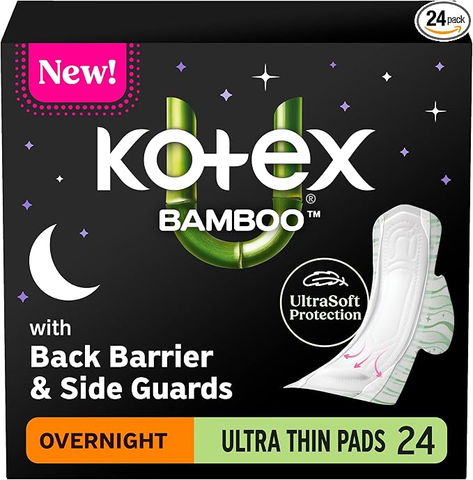 Kotex Bamboo Ultra Thin Overnight Pads with Wings, 24 Count (Packaging May Vary)