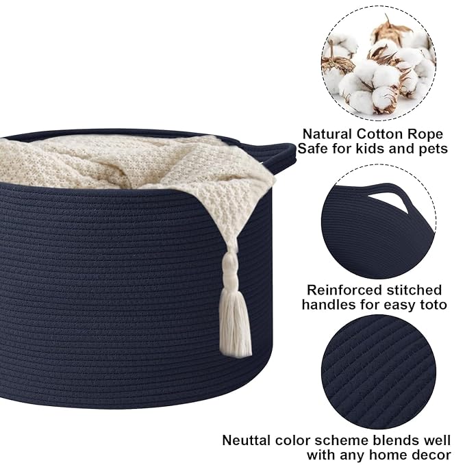 90L Extra Large Blanket Basket,Woven Rope Laundry Basket-Dark Blue | Collapsible, reinforced handles, nursery storage bin organizes clothes, toys and pillows for living room, bedroom bathroom