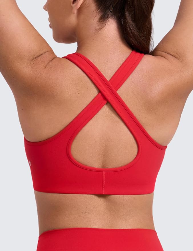 CRZ YOGA Butterlift Deep V Neck Sports Bras for Women - Padded Gym Wide Straps Cut-Out Cross Back Crop Pilates Workout Top