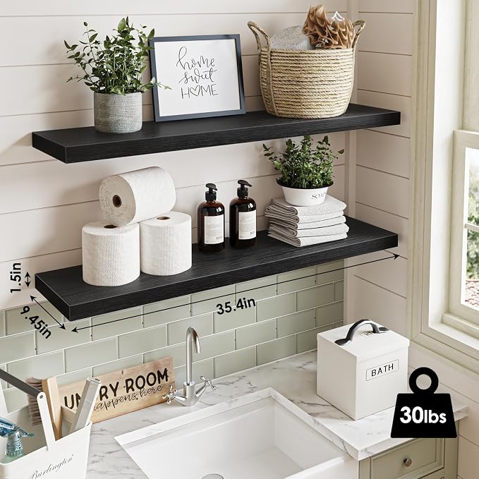 Fixwal Floating Shelves for Wall, 35.4" Long Heavy Duty Wall Mounted Rustic Wood Shelves for Living Room, Bedroom, Bathroom and Kitchen, Wall Shelves for Storage, Books, Room Decor (Black, Set of 2)