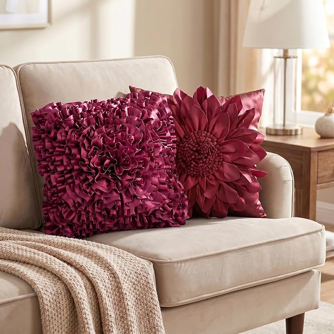 Burgundy Accent 3D Flower Decorative Throw Pillow Covers for Bed Sofa Couch | Bella's Giftshop Handmade Sunflower Taffeta Pillow Cases Living Room Bedroom Decor, 18x18 Inch