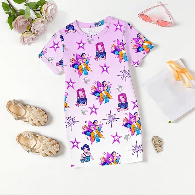 Girl's Anime K-POP Graphic Long Dress T-Shirt - Casual Loose Fit Short Sleeve Top