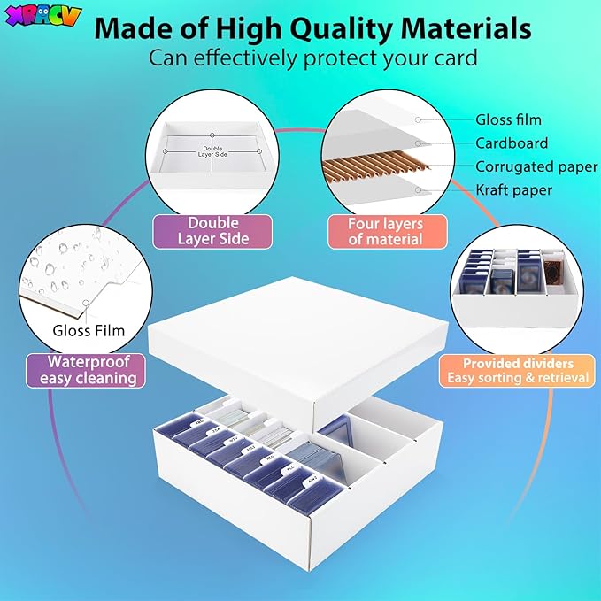 Trading Card Storage Box, 4 Row 3200 Count Collector Cards Box with Divider, White Corrugated Cardboard Compatible with Top Loader Organizer Sorting Tray Box for Sports Cards, MTG, TCG Cards (1-Pack)