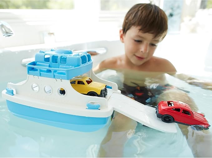 Green Toys Ferry Boat with Mini Cars Bathtub Toy, Blue/White, Standard