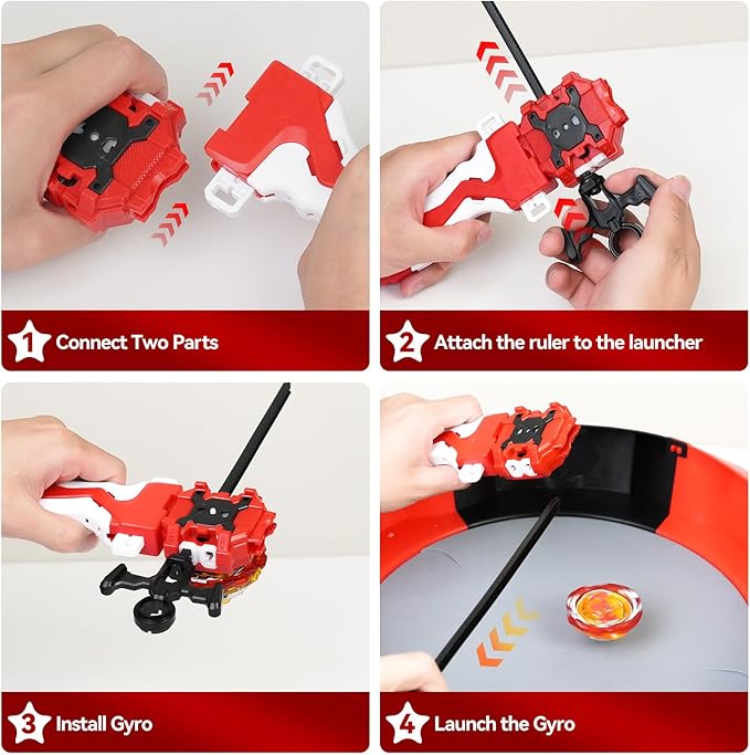 Spinning Tops Launcher Set, Red and Black, with Grip Handle and Accessories