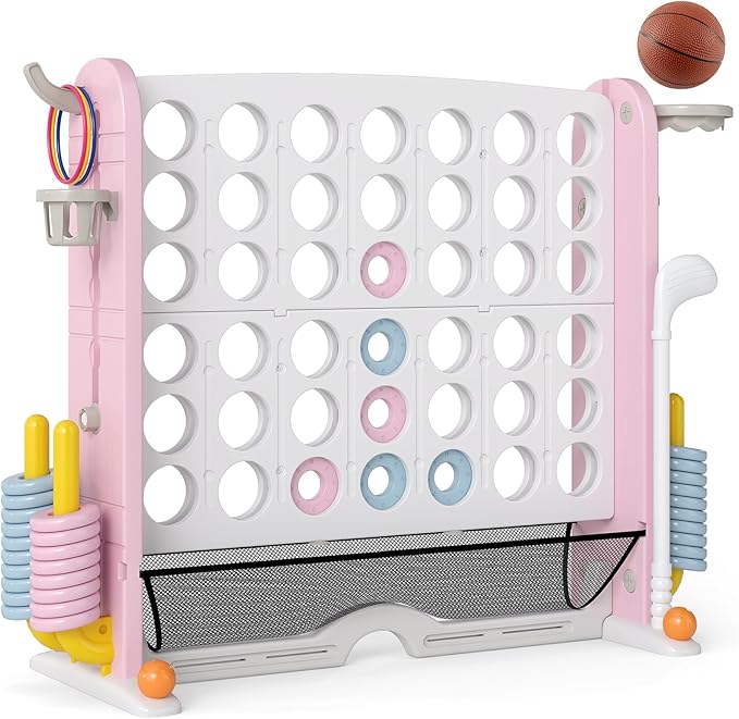 Costzon Giant 4-in-A-Row Connect Game, Height Adjustable 4-in-1 Jumbo 4-to-Score Yard Game with Golf, Ring Toss, Basketball, Cup Holder & Mesh Net, Indoor Outdoor Game for Kids Adults Family Party