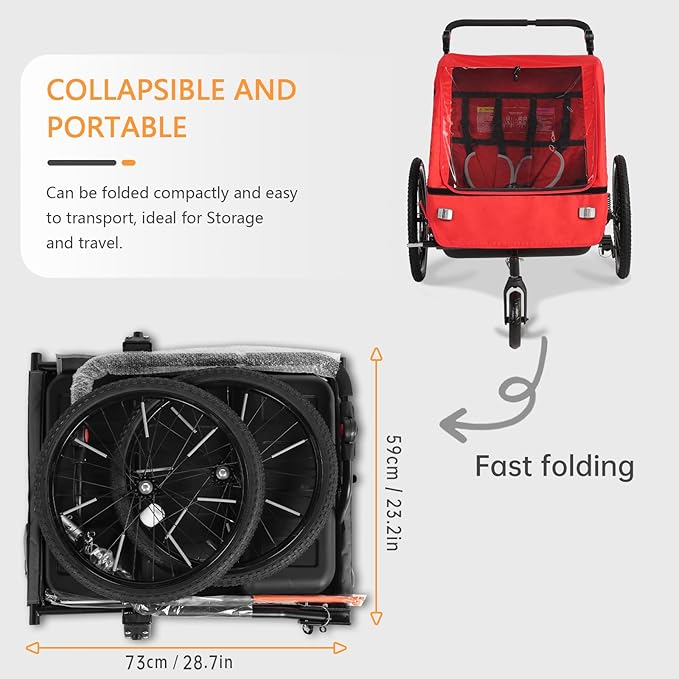Sepnine 2-in-1 Kids Bike Trailer and Stroller with Suspension – Bike Trailer for 1 to 2 Children, Jogging Function, Foldable, 5-Point Harness, Spacious Storage, with Bug Screen and Weather Shield