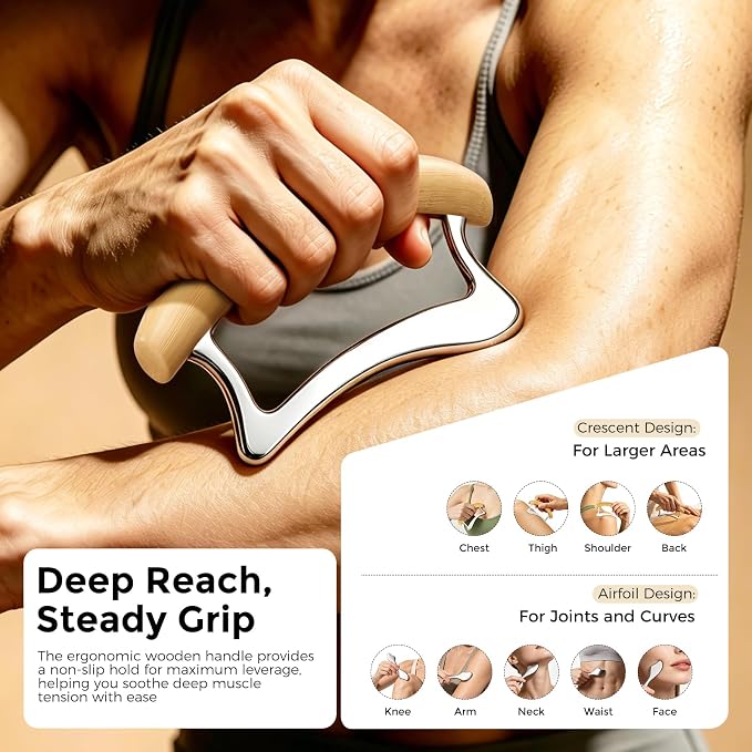 Muscle Scraper Tool, 2 in 1 Stainless Steel Gua Sha Tool for Body with Wooden Handle, Muscle Scraper Scraping Massage Tools for Physical Therapy, Fascia Scrapers for Back Legs Arms Shoulder