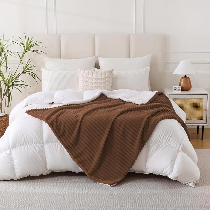 Chocolate Sherpa Fleece Throw Blanket 50”×60” for Couch Sofa Bed | Double Side Soft Fuzzy Cozy Plush Thick Flannel Blanket with Striped Design Gift for Adults,Woman