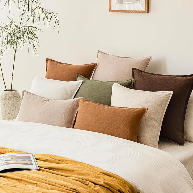 Foindtower Pack of 2, Decorative Linen Soild Throw Pillow Covers Soft Accent Cushion Case Boho Farmhouse Neutral Pillowcase for Couch Sofa Bedroom Living Room Home Decor 22 x 22 Inch Reddish Brown