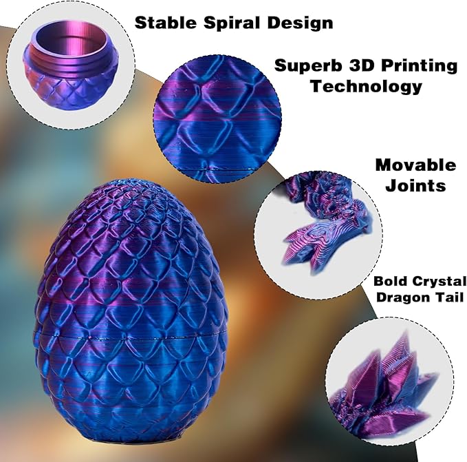3D Printed Dragon Egg with Articulated Dragon Inside, Fidget Toys for Adults Stress Relief, Unique Home Office Desk Decor Crystal Easter Basket Stuffers (Rainbow)