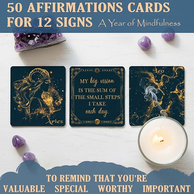 Faivykyd Taurus Gifts for Women, 6 Taurus Zodiac Crystals with 50 Miracle Mantras Affirmation Cards, Healing Astrology Gifts for Motivation, Promote Positive Energy