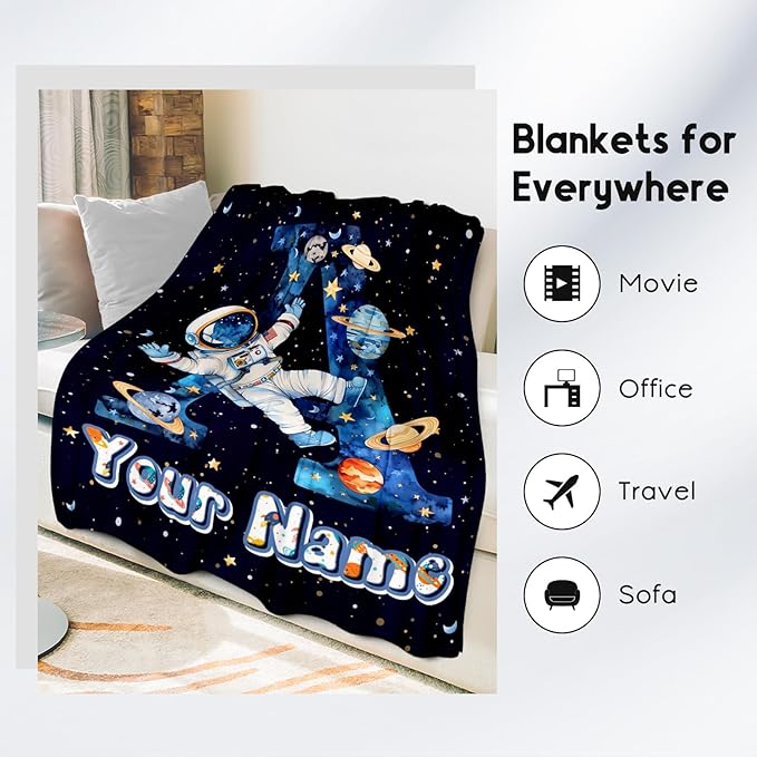Personalized Boys Blanket for Planet Lovers - Planet Blankets Gifts for Kids - Custom Initial Throw for Son - 50"x60" Monogram Gift with Name for Couch, Sofa, Bed