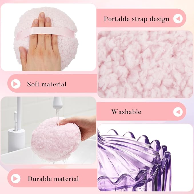 Tioncy 2 Pcs Extra Large Dusting Powder Puff and Container for Women-6'' Glass Crystal Dusting Powder Container Soft Washable Reusable Velour Face(Purple,Scalloped)