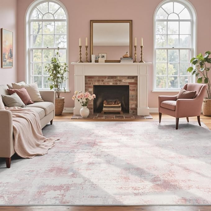 5x7 Ft Area Rugs for Living Room, Soft Non-Slip Washable Rugs Modern Abstract Pattern Carpet for Bedroom Indoor Floor Nursery Home Decor (Pink)