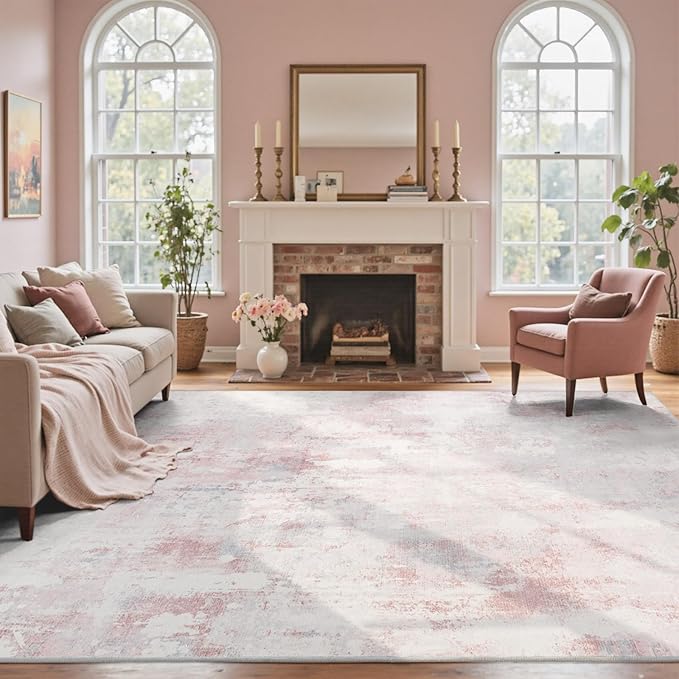 6x9 Ft Large Area Rugs for Living Room, Soft Non-Slip Washable Rugs Modern Abstract Pattern Carpet for Bedroom Indoor Floor Nursery Home Decor (Pink)