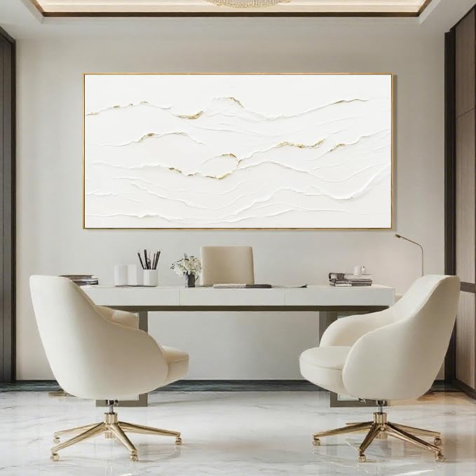 Framed White Gold Abstract Wave Canvas Wall Art for Living Room 24x48 Inch