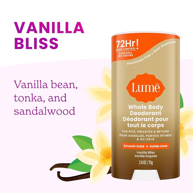 Lume Whole Body Deodorant - Smooth Solid Stick - 72 Hour Odor Control - Doctor Developed - Aluminum Free, Baking Soda Free and Skin Loving - 2.6 Ounce (Pack of 2) (Vanilla Bliss)