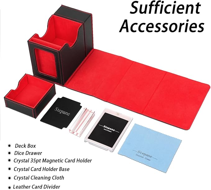 MTG Deck Box for Commander Display with Dice Tower, Fits 100 Double Sleeved Cards for TCG/PTCG, Cards Storage Case with Dice Tray and 35PT Magnetic Card Holder (Black/Red)