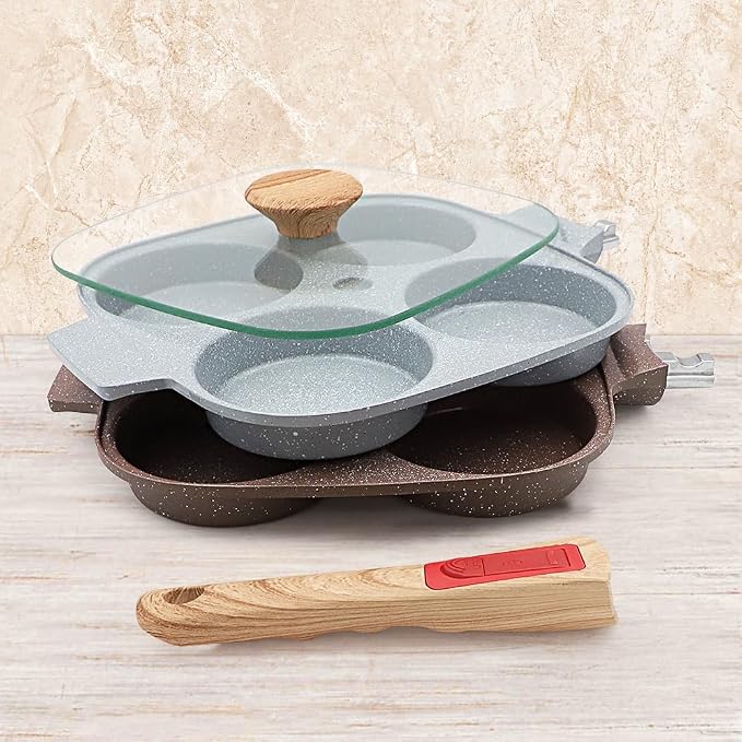 Ceramic Egg Frying Pan with Lid, Nonstick 4 Cup Fried Egg Pan - Brown | Detachable Handle, Omelette Pan Induction Compatible