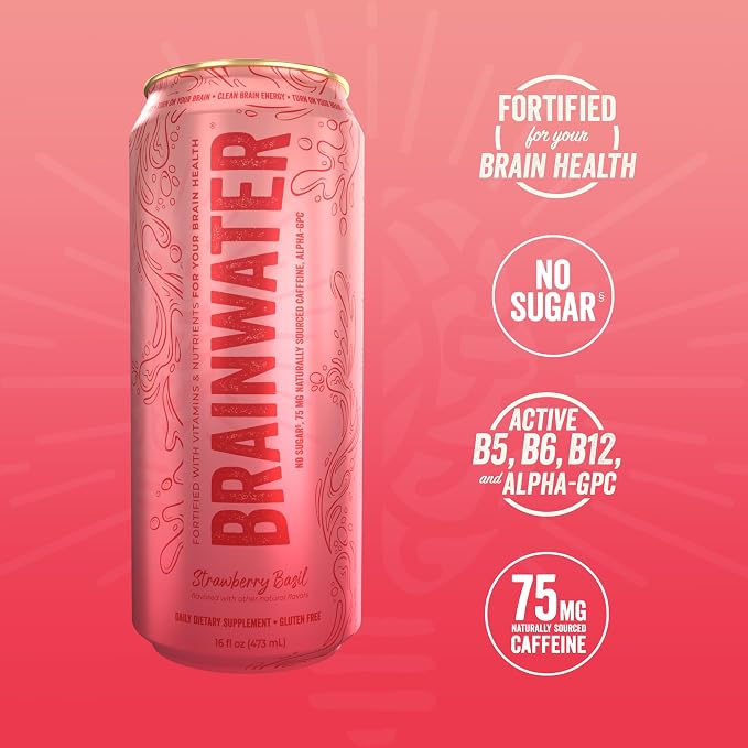 BrainJuice BrainWater Calm, Water for Clean Energy, Focus & Relaxation Support, Gluten Free, Zero Sugar Drinks with Ashwagandha, Alpha GPC, Vitamin C & B, Organic Green Tea, 8 Pack (Strawberry Basil)