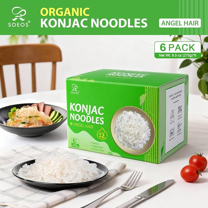 Soeos Organic Konjac Noodles, Angel Hair Pasta, 9.5oz (270g), 6 Packs, Kosher, Sugar Free, Gluten Free, Low Calorie Shirataki Noodle