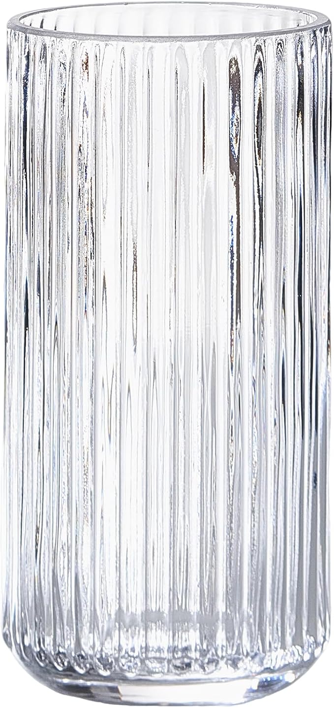 Clear Glass Flower Vase for Pampas Grass, 10 inch Medium Decorative Centerpiece Ribbed Vase for Dining Table, Office Desktop, Shelf Bookshelf, Mantel, Entryway, Bathroom, Countertop, Farmhouse, Gift