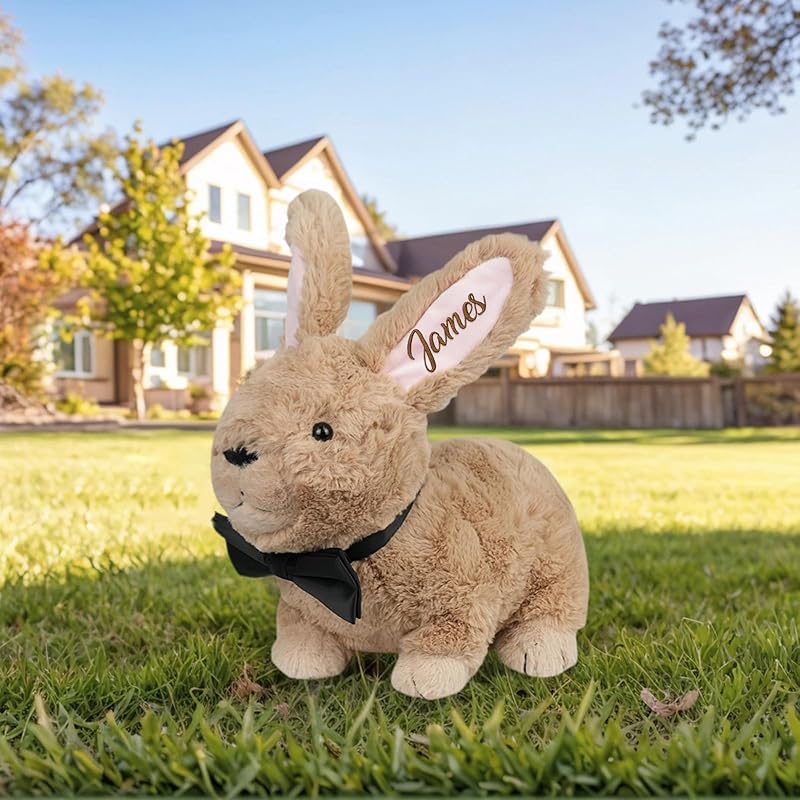 Custom Bunny Plush Embroidered Name, Realistic Bunny Stuffed Animal, Personalised Brown Rabbit for Baby Birthday Easter Gift for Girls Toddlers Kids(1 ear)
