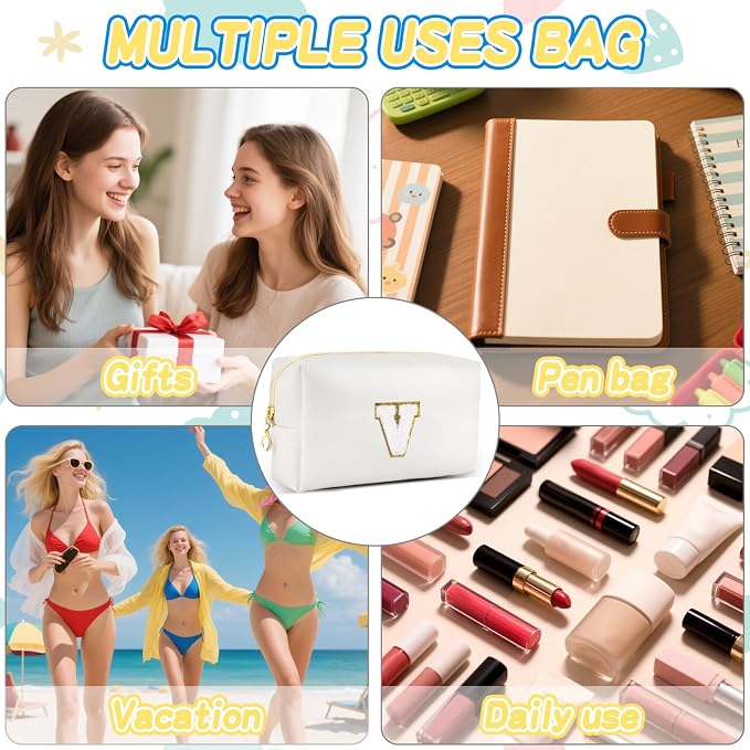 URSKYTOUS Gifts for Girls Initial Makeup Bag Personalized Cosmetic Bag with Zipper Cute Travel Toiletry Bags Waterproof PU Preppy Makeup Pouch Birthday Gift for Teen Girls Women(White V)