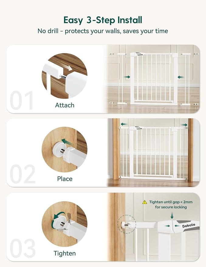 Babelio 26-40" Wide Baby Gate for Stairs & Doorways, 3 Ways Locking System with Auto-Close, Pressure Mounted No Drilling, Easy Install for Stairs, Hallway, Kitchen, Indoor Use, White (2 Pack)