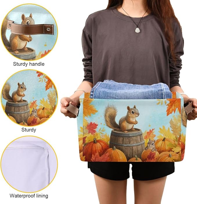Aslsiy Storage Basket Fall Squirrel Pumpkins Maple Nursery Bins Blue Sky Baby Box Canvas Clothes Shelf Basket Laundry Hampers 1 Pcs