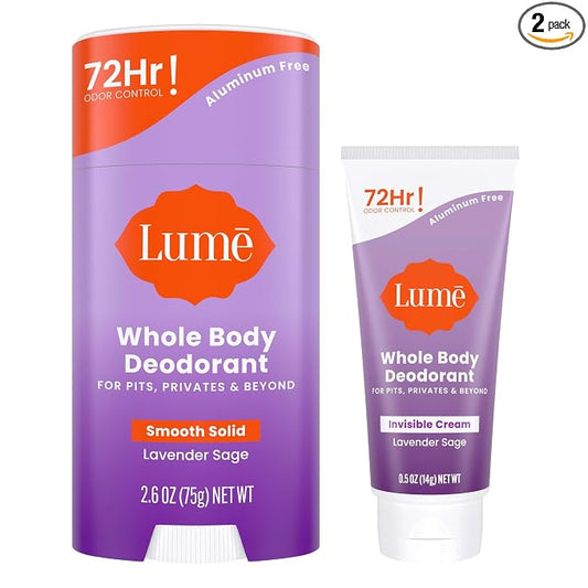 Lume Whole Body Deodorant - Invisible Cream Mini + Solid Stick Bundle - 72 Hour Odor Control - Aluminum & Baking Soda Free, Skin Loving (Lavender Sage)