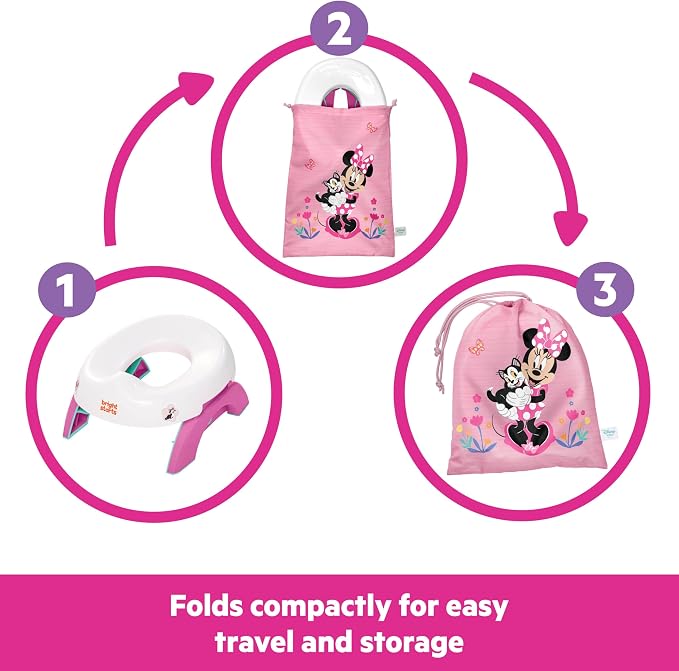 Disney Minnie Mouse 2-in-1 My Travel Potty by Bright Starts, Freestanding Potty or Toilet Topper Seat, Includes Travel Storage Bag, Pink