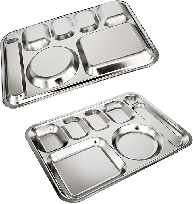 Korean Stainless Steel XL Divided Plates with Cutlery Slot for Adults 2Pack | Extra large BPA-free 8-compartment tray for camping Premium 304 electro-polished stainless steel with no black residue