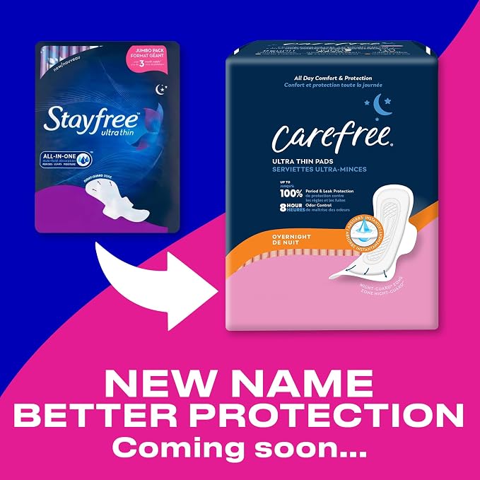 Stayfree Ultra Thin Overnight Pads with Wings, For Women, Reliable Protection and Absorbency of Feminine Moisture, Leaks and Periods, 28 Count