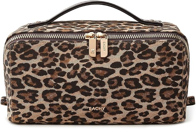 EACHY Travel Makeup Bag, Large Capacity Cosmetic Bag for Women, Waterproof PU Leather, Flat Open Portable Toiletry Bag for Skincare, Brushes & Travel Essentials
