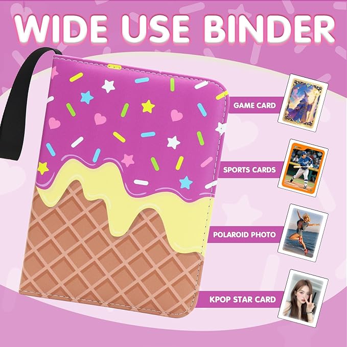 Cute Ice Cream Cake Card Binder, 400 Pocket Card Album for Girls Gifts, Ice Cream Donut Trading Game Card Holder Album for Standard Size Cards, Collectible Game Collection Case (Purple)