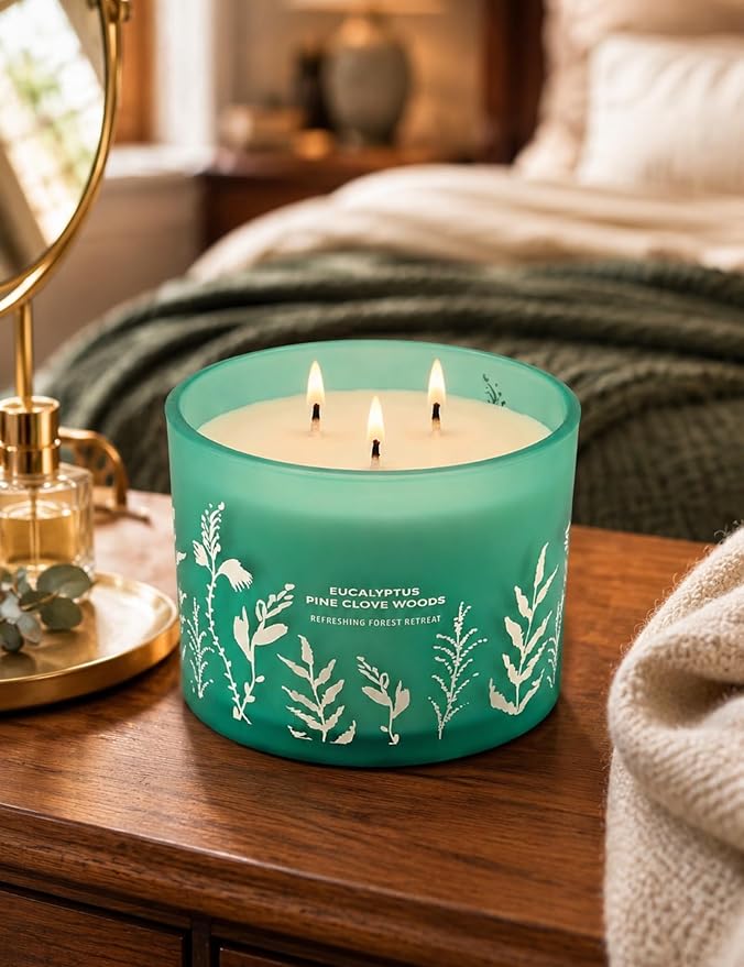 Eucalyptus Pine Clove Woods Scented Candle - Large 3-Wick Aromatherapy Soy Candle for Home, 14.5oz - Pine Balsam Forest Stress Relief Candle - Birthday Gift for Women & Men